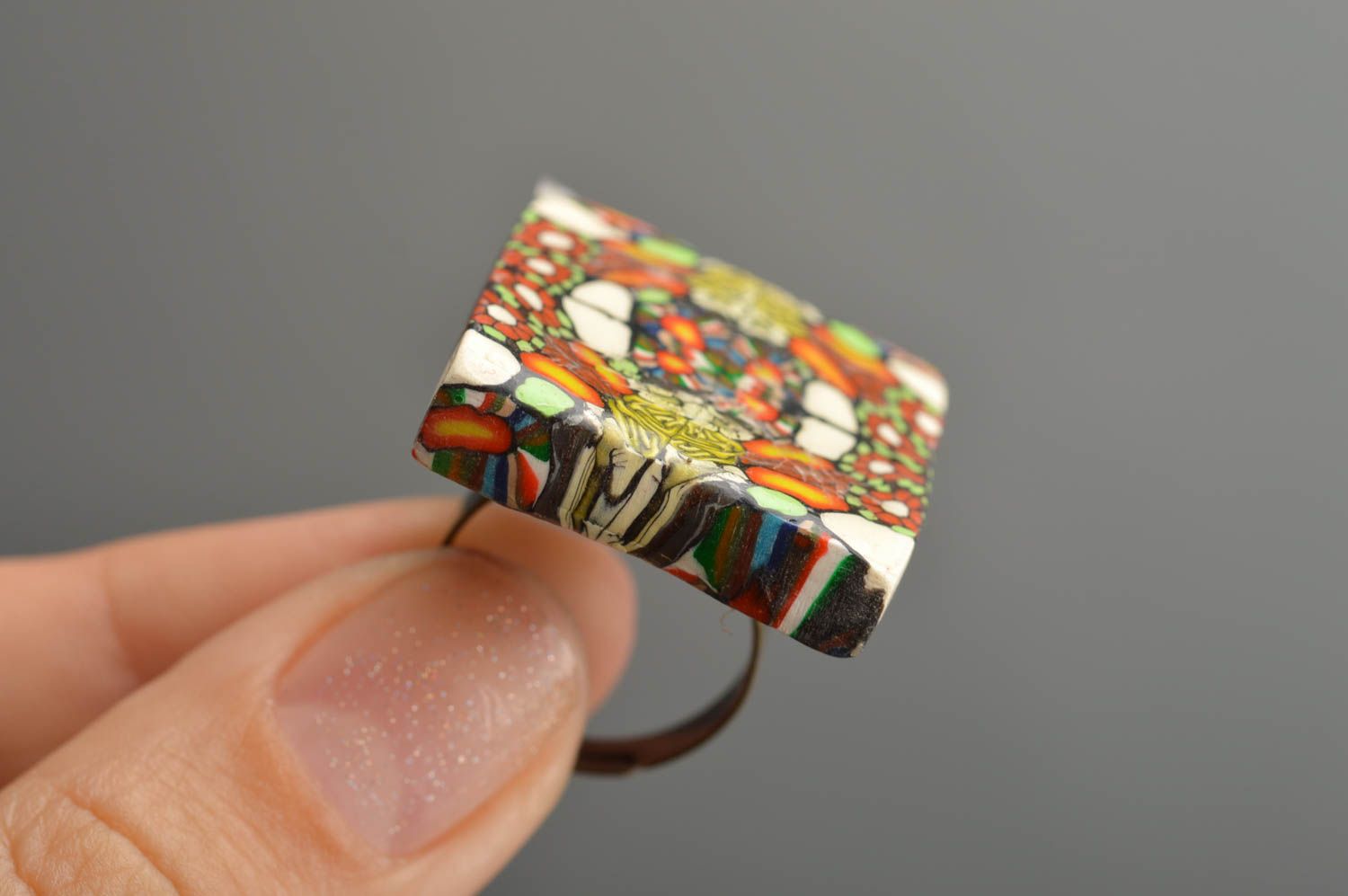 Polymer clay handmade square-shaped colorful bright ring summer accessory photo 2