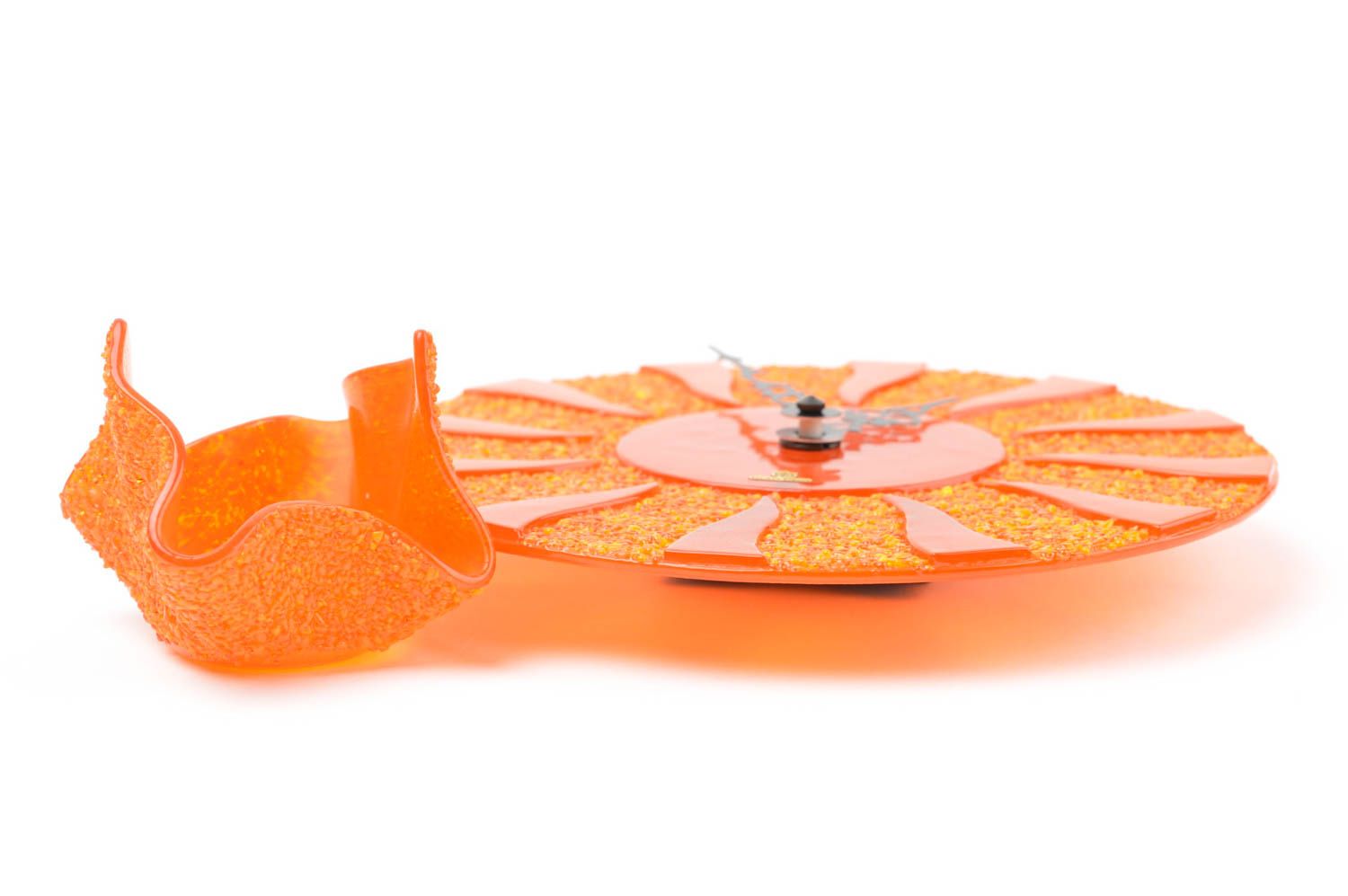 Bougeoir design Horloge murale ronde fait main Cadeau original orange en verre photo 2