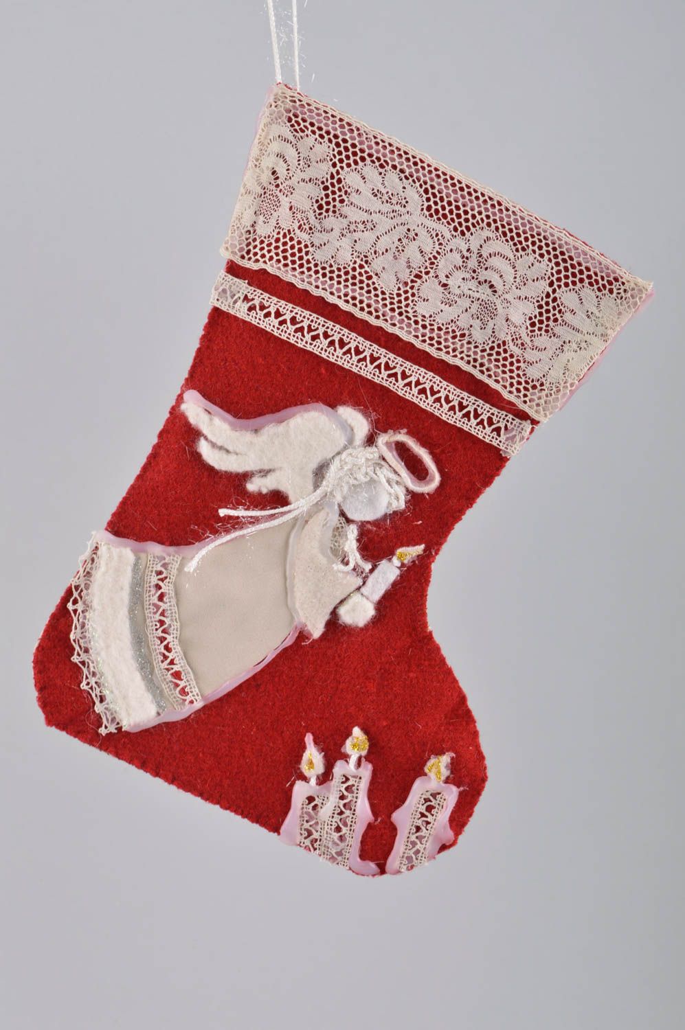 Новогодняя игрушка handmade новогодний носок игрушка на Рождество с ангелом фото 5