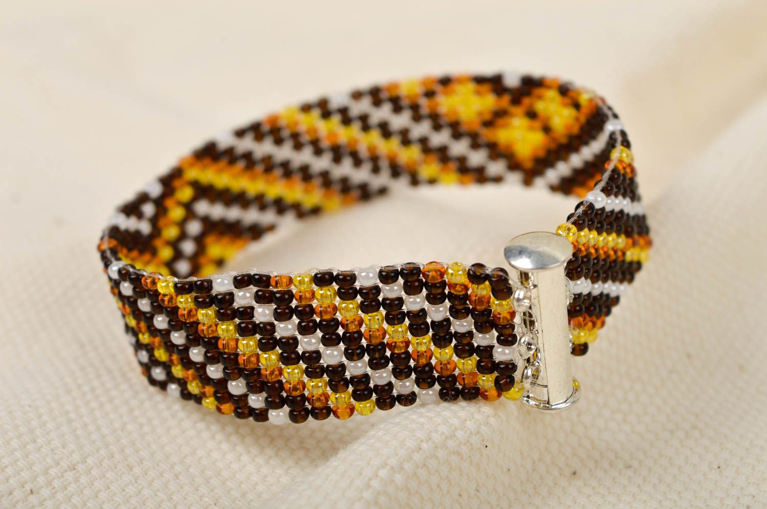 Handmade black, brown, yellow beaded bracelet adjustable for women photo 1