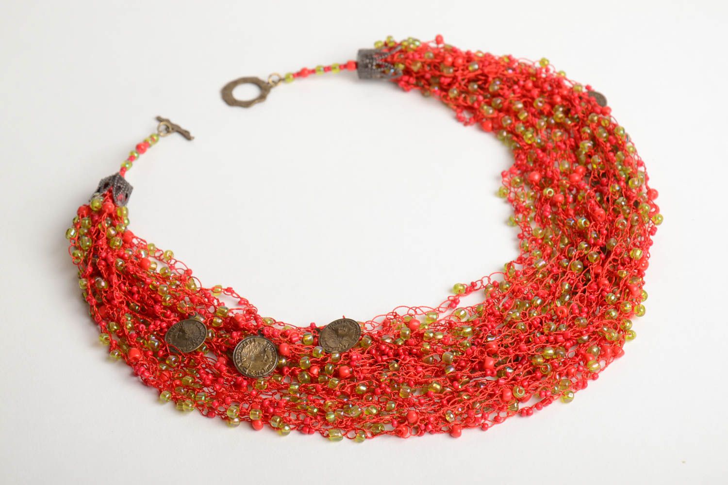 Handmade bright airy crocheted beaded necklace of coral color with coins photo 3