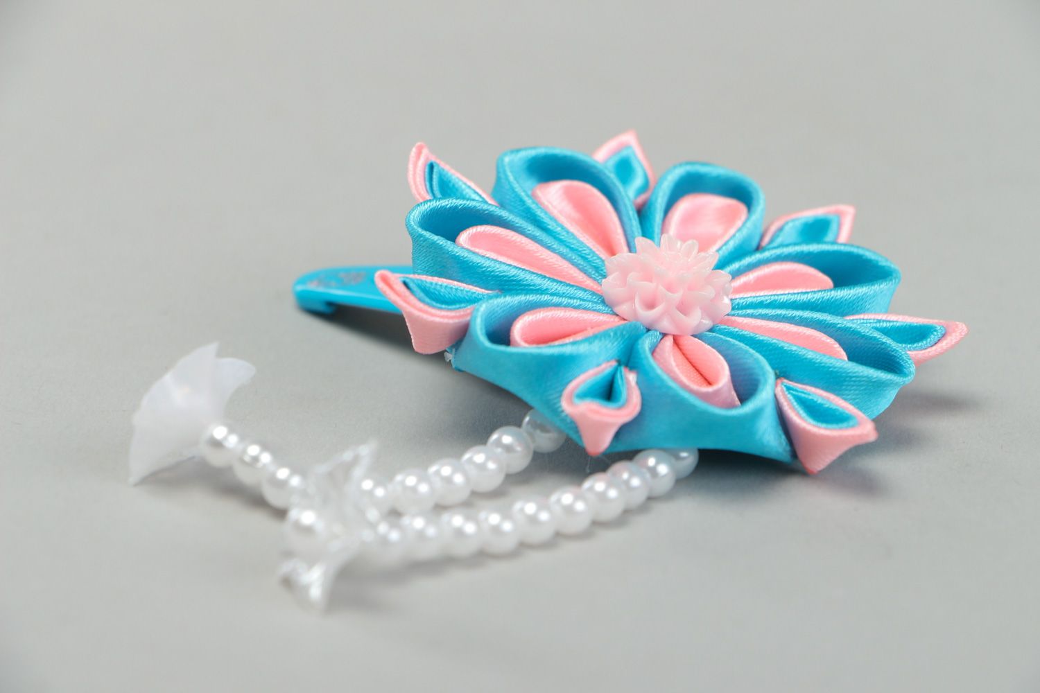 Tender handmade hair clip with pink and blue satin kanzashi flower with beads photo 2
