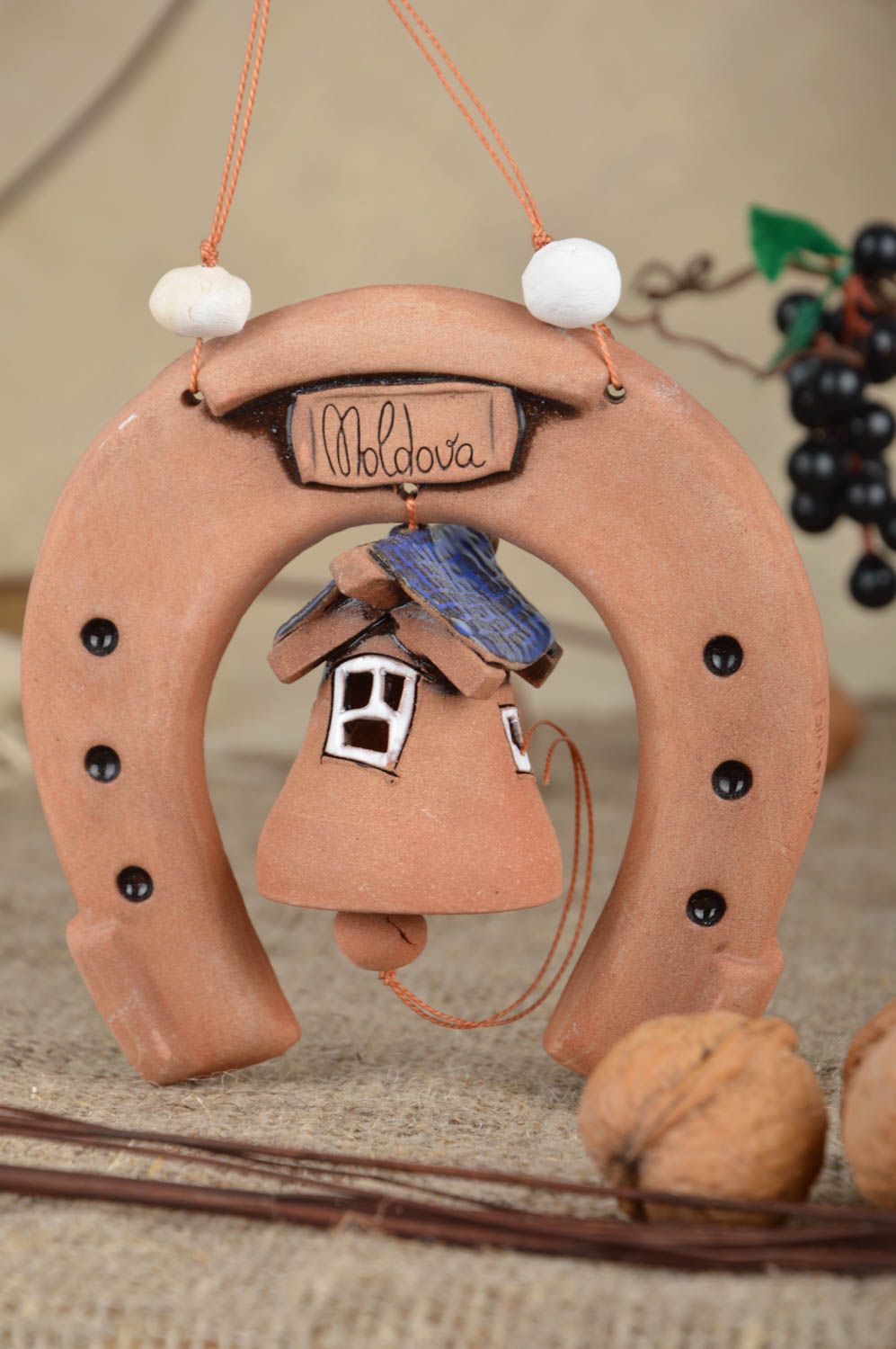 Decorative handmade wall pendant clay bell with horseshoe home decor photo 1
