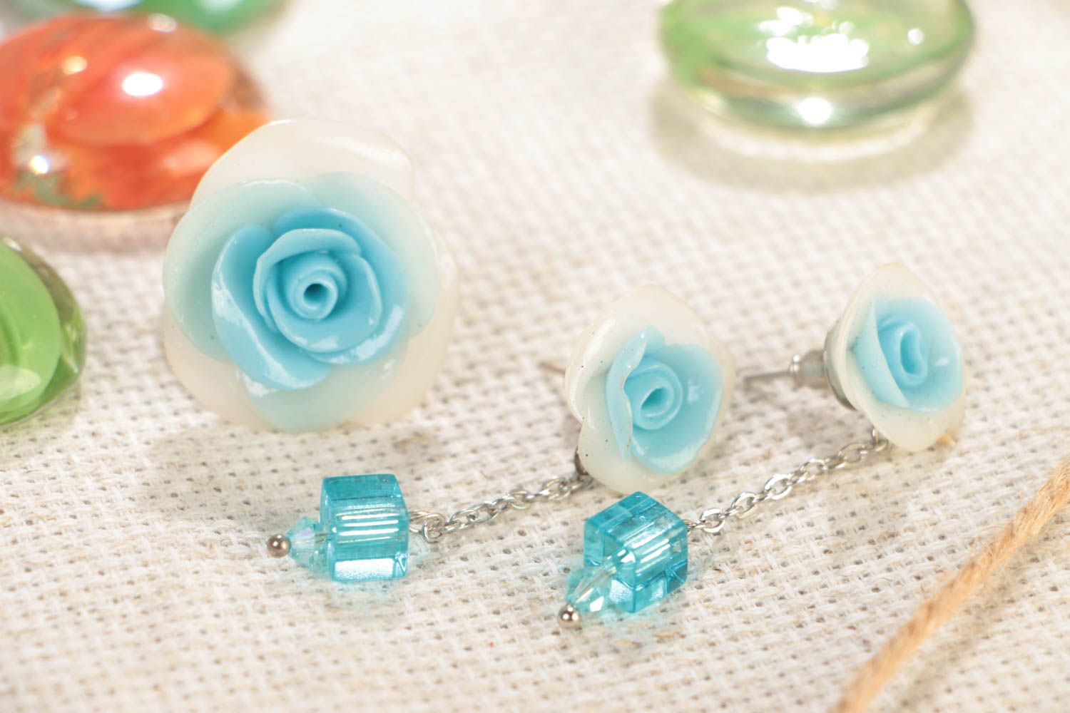 Set of handmade polymer clay floral jewelry 2 items ring and dangling earrings photo 1