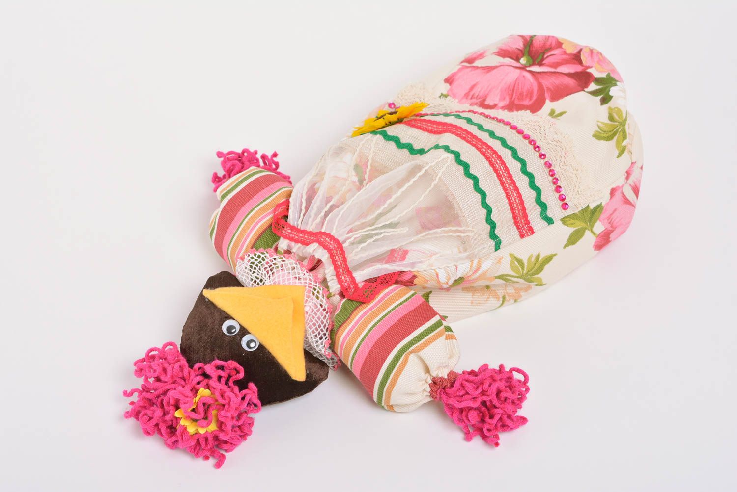 Handmade interior soft toy sewn of fabrics for plastic bags storage Crow photo 1