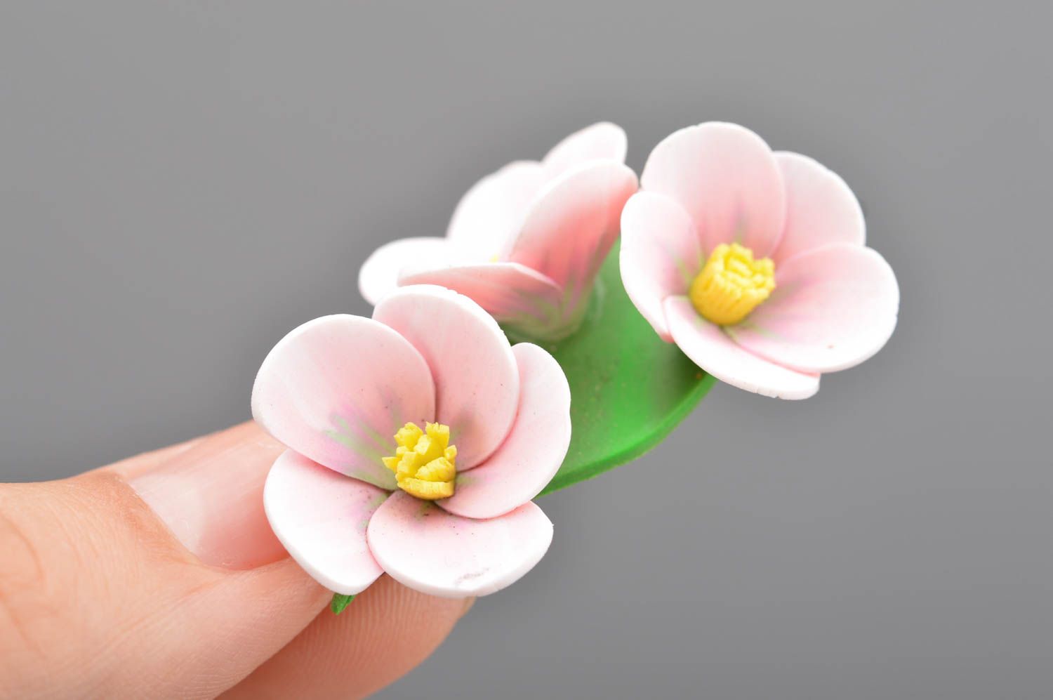 Unusual cute handmade hair clip made of polymer clay in shape of sacura photo 5