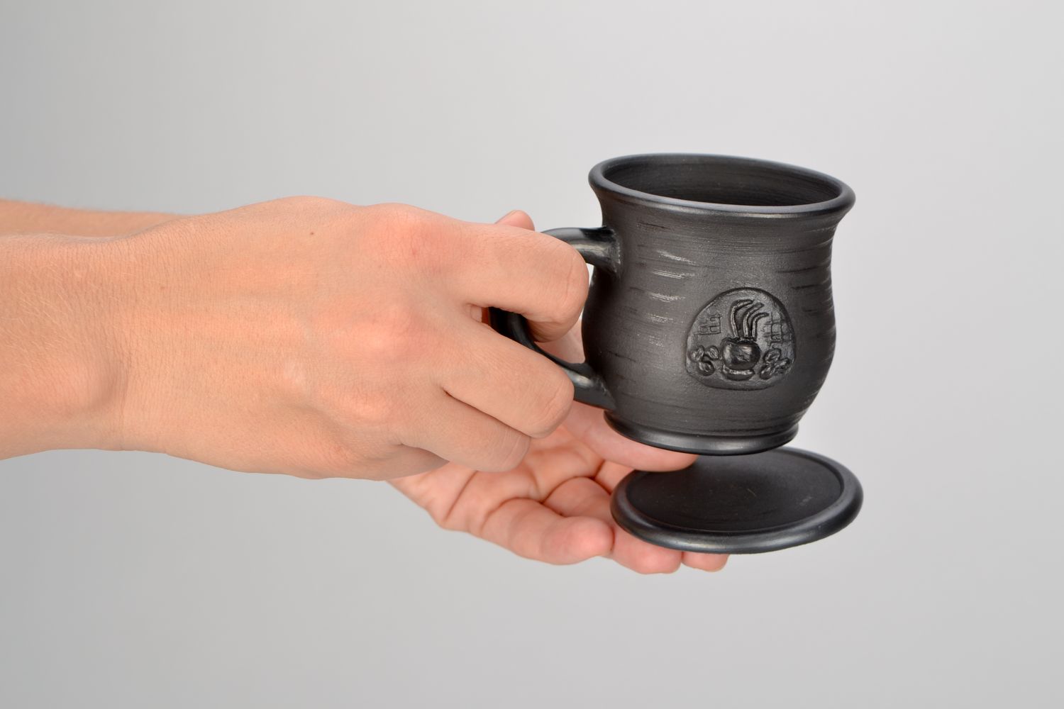 Black smoked 5 oz clay coffee cup with handle, saucer, and sunflower pattern photo 2