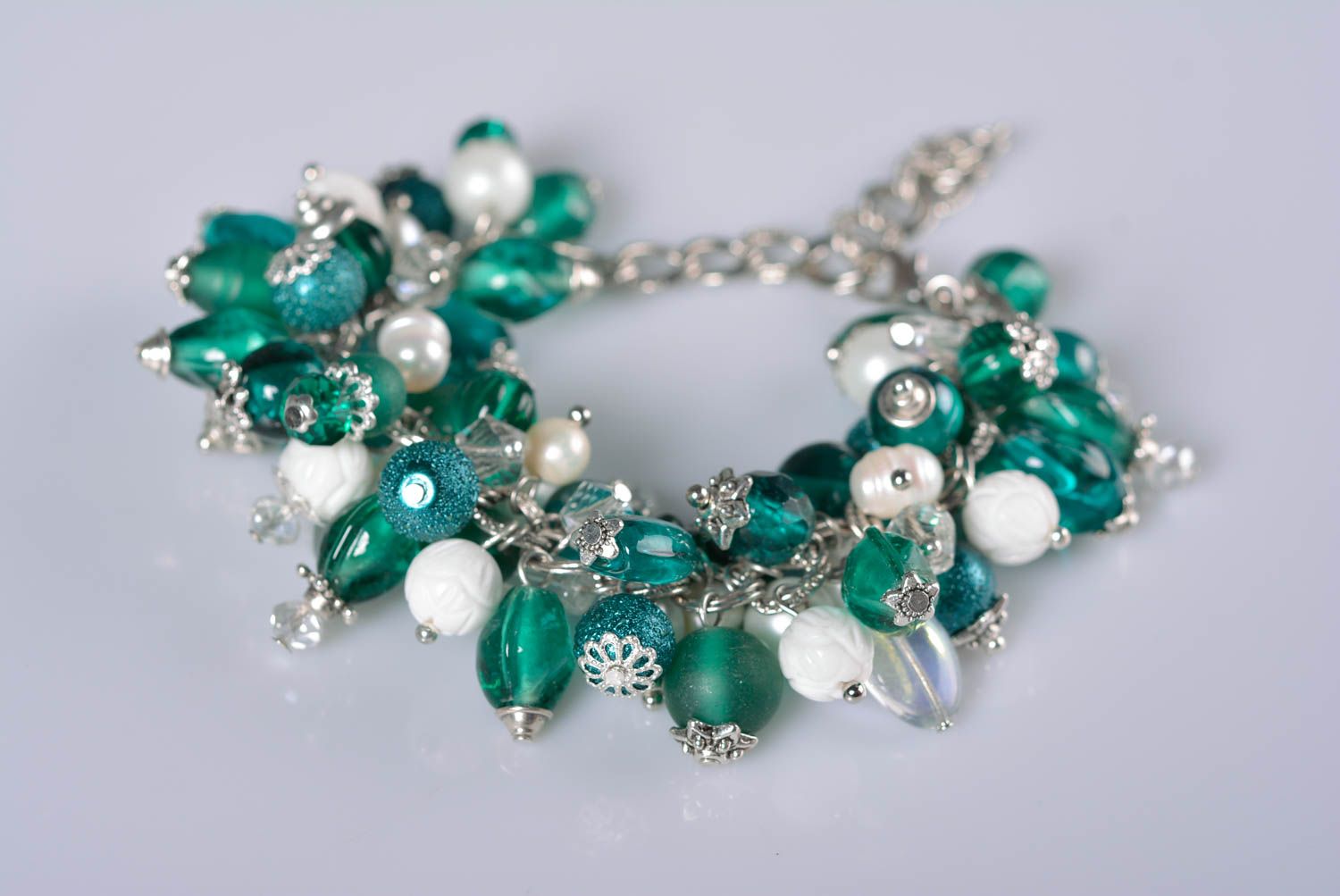 Dark green and silver beads charm chain bracelet women photo 1