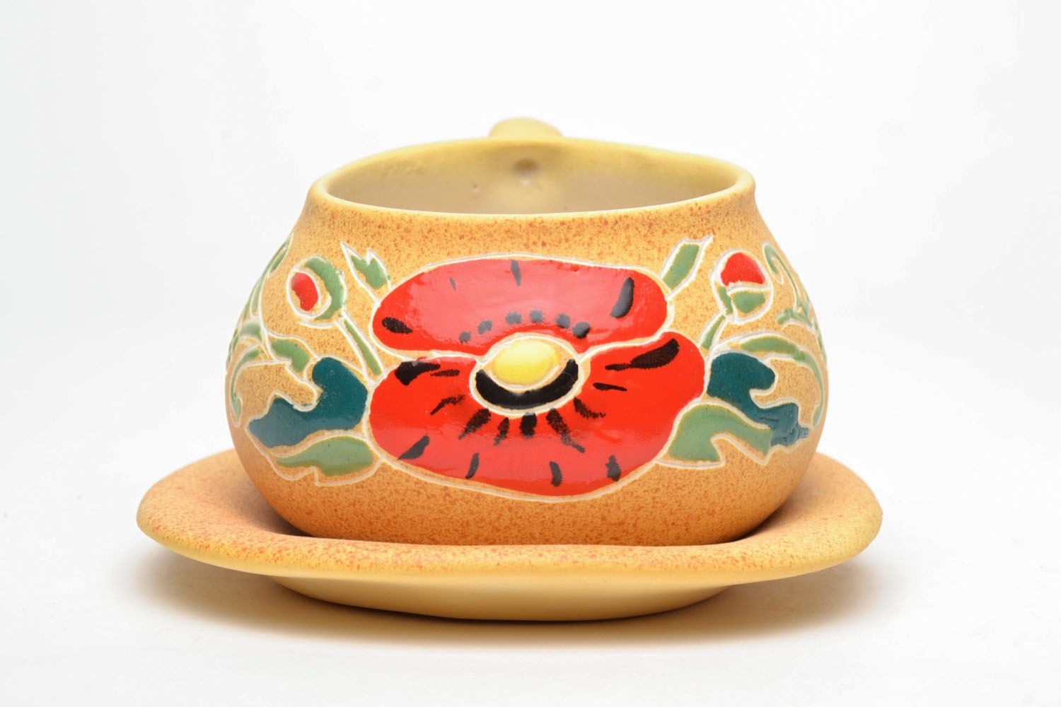 Pot shape clay 5 oz cup for coffee or tea with saucer and handle. Floral red poppies pattern. photo 2