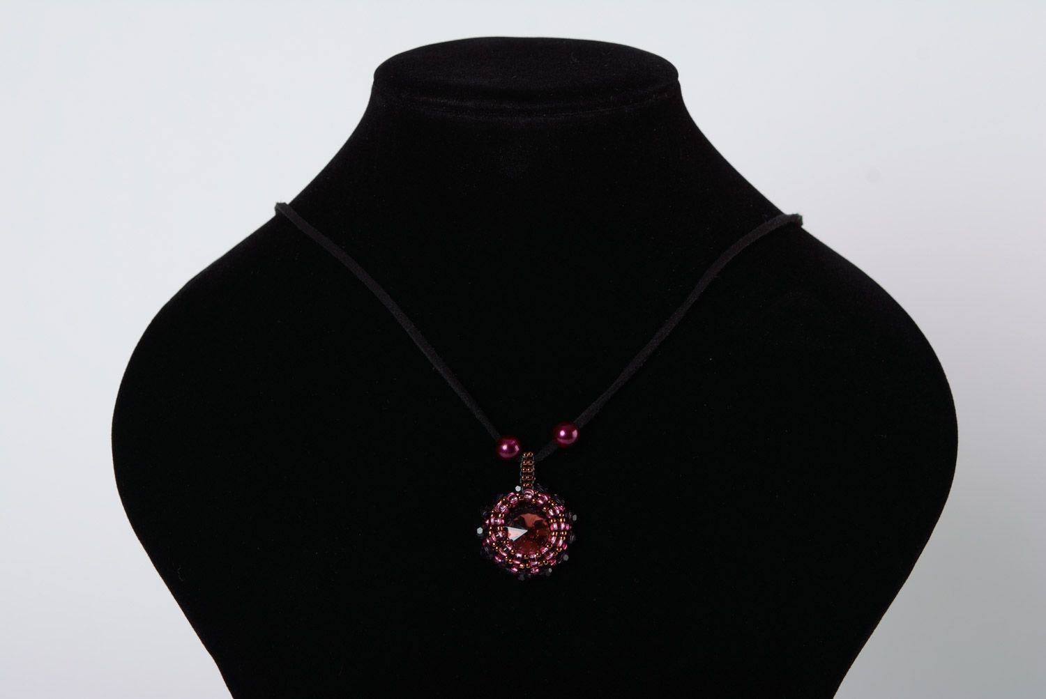 Beautiful elegant handmade woven Czech bead pendant with suede cord photo 2