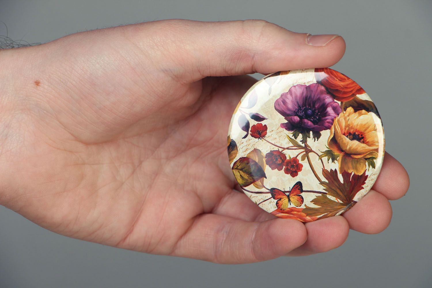 Miroir de poche fait main original rond accessoire pour femme avec fleurs photo 3