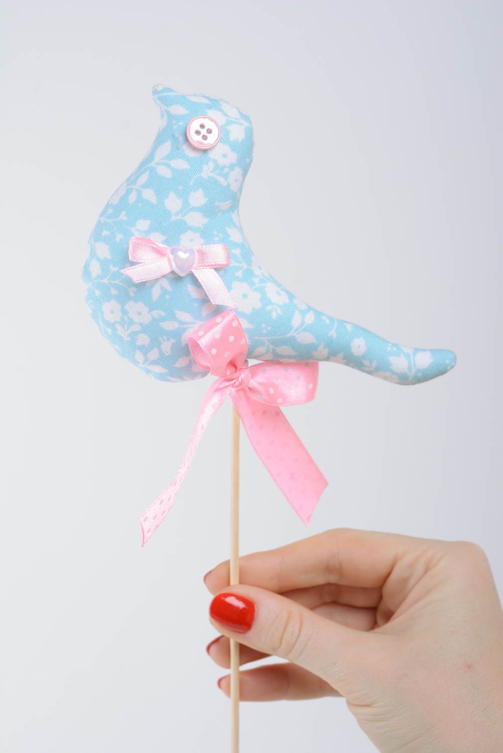 Toy on stick for flower pots decoration blue bird with a pink bow hand made photo 3