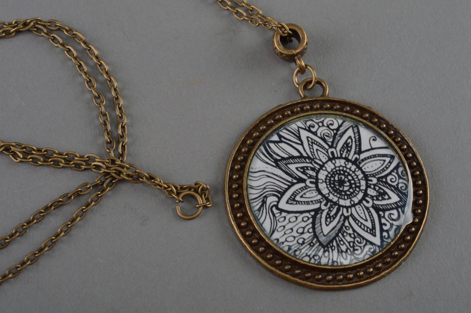 Handmade designer pendant decoupage technique with flower on long chain photo 2