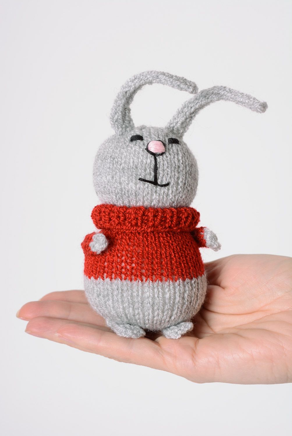 Funny small gray homemade knitted soft toy hare  photo 4