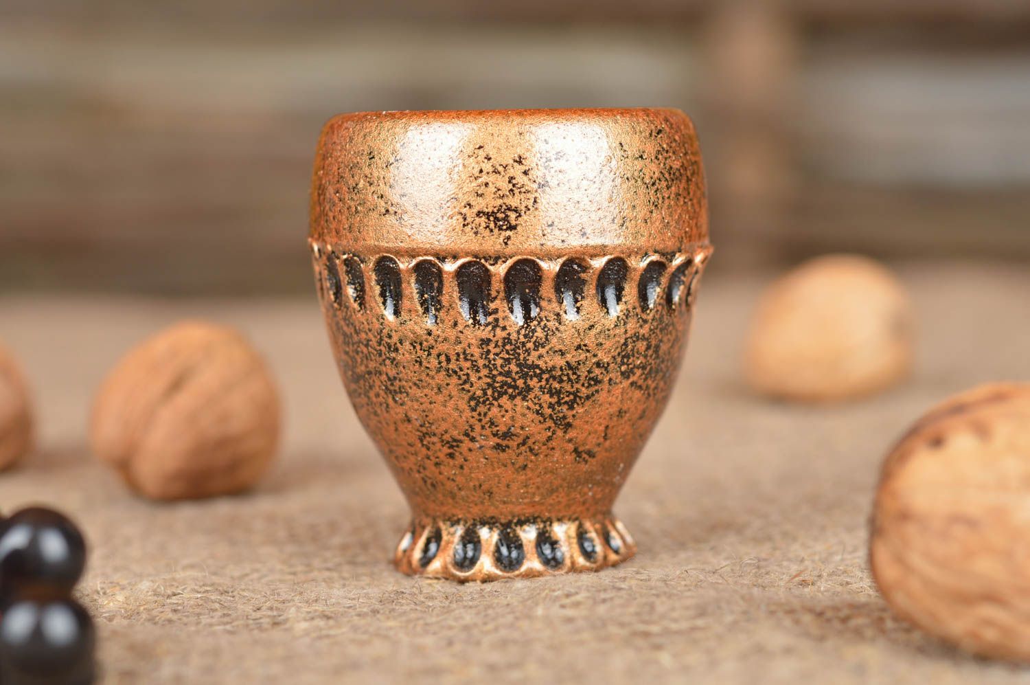 Handmade beautiful unusual stylish small ceramic shot glass like bronze photo 1