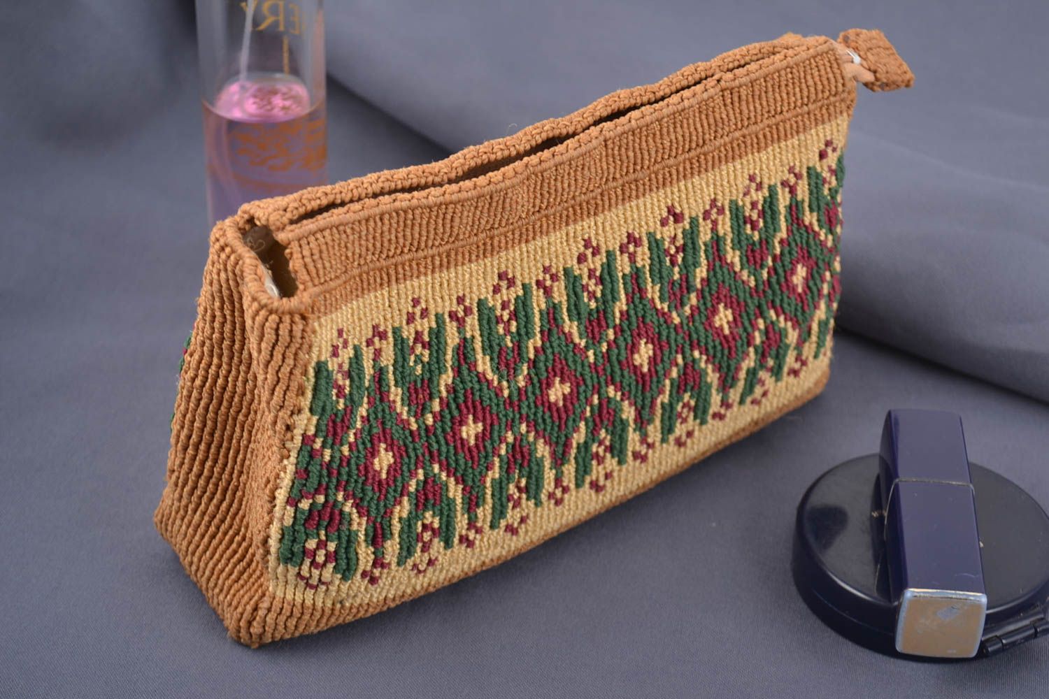 Handmade small beige macrame woven cosmetics bag with colorful ornament photo 1