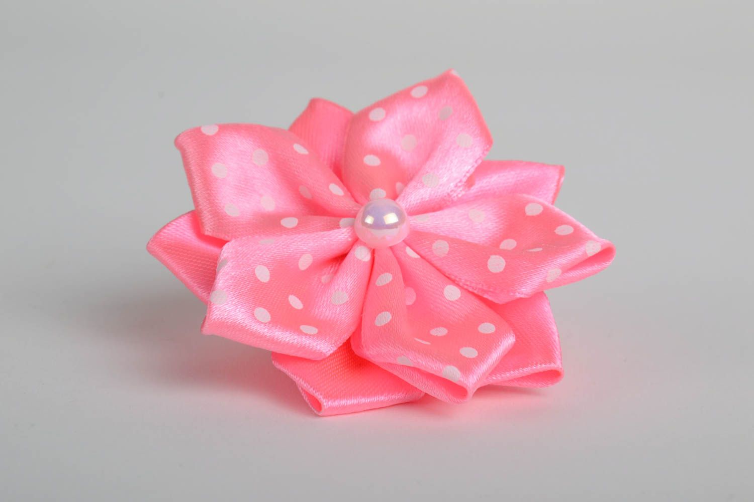 Handmade decorative hair tie with bright pink satin ribbon kanzashi flower photo 4