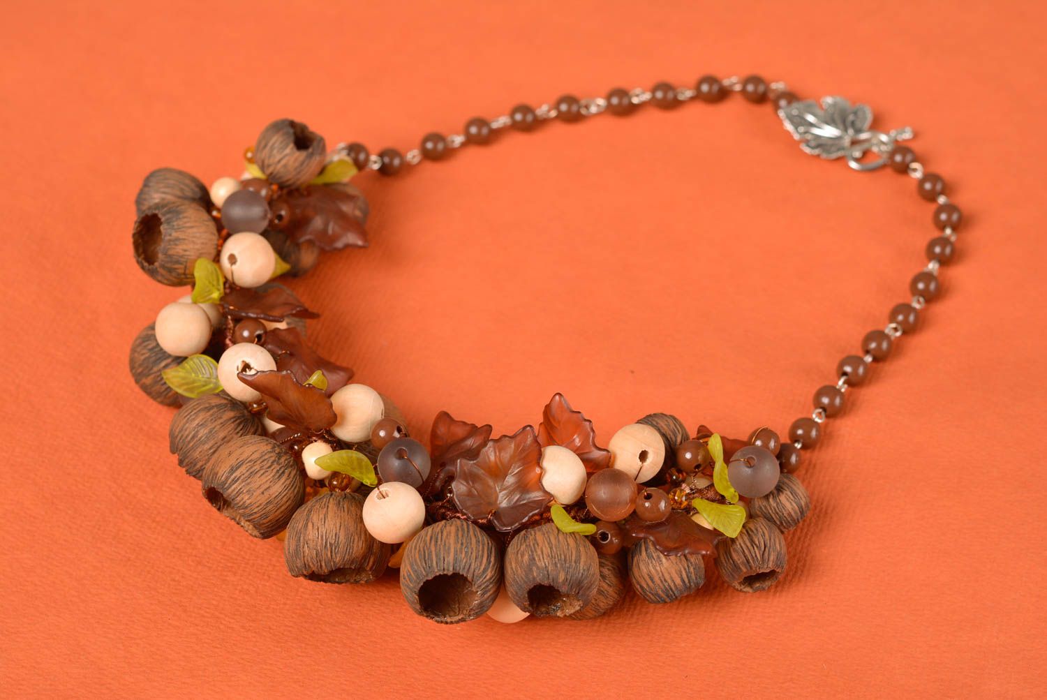 Handmade designer necklace with polymer clay and plastic beads in autumn colors photo 1