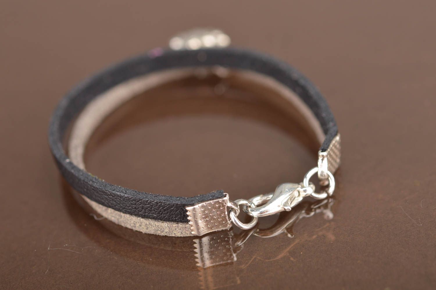 Handmade designer genuine leather cord bracelet black and beige with metal charm photo 4