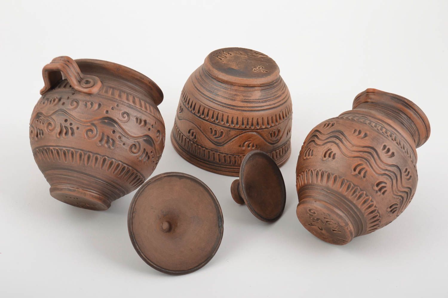 Handmade ceramic pottery set of 12 oz pot, 12 oz milk jug with handle and lid, ceramic bowl for 10 oz 2,5 lb photo 2