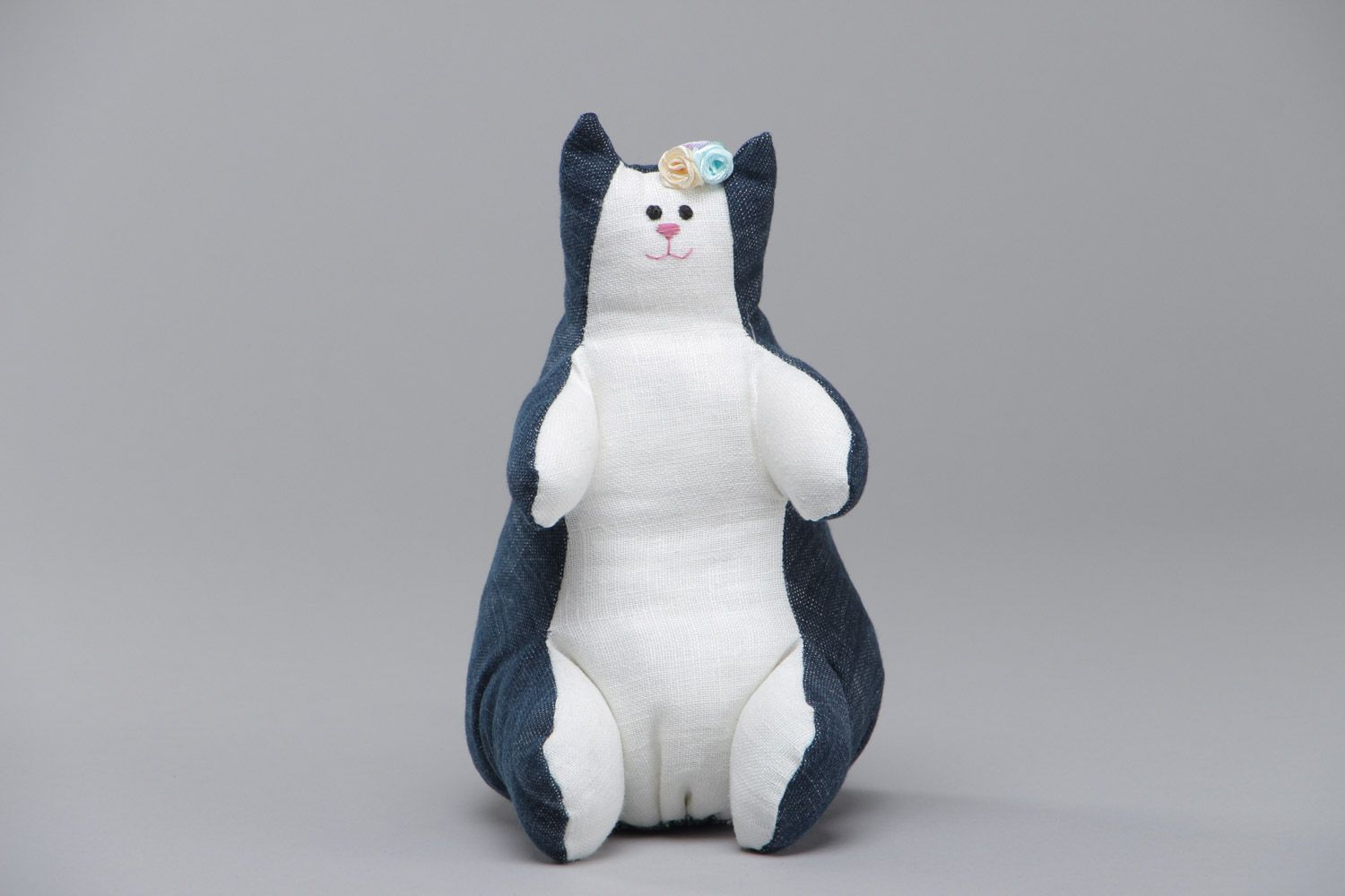 Handmade denim fabric soft toy kitty of blue and white colors and average size photo 2