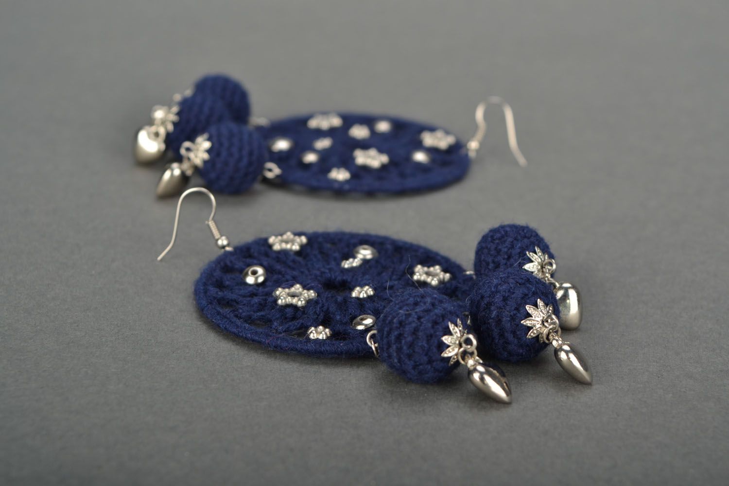 Homemade blue round crochet earrings photo 1