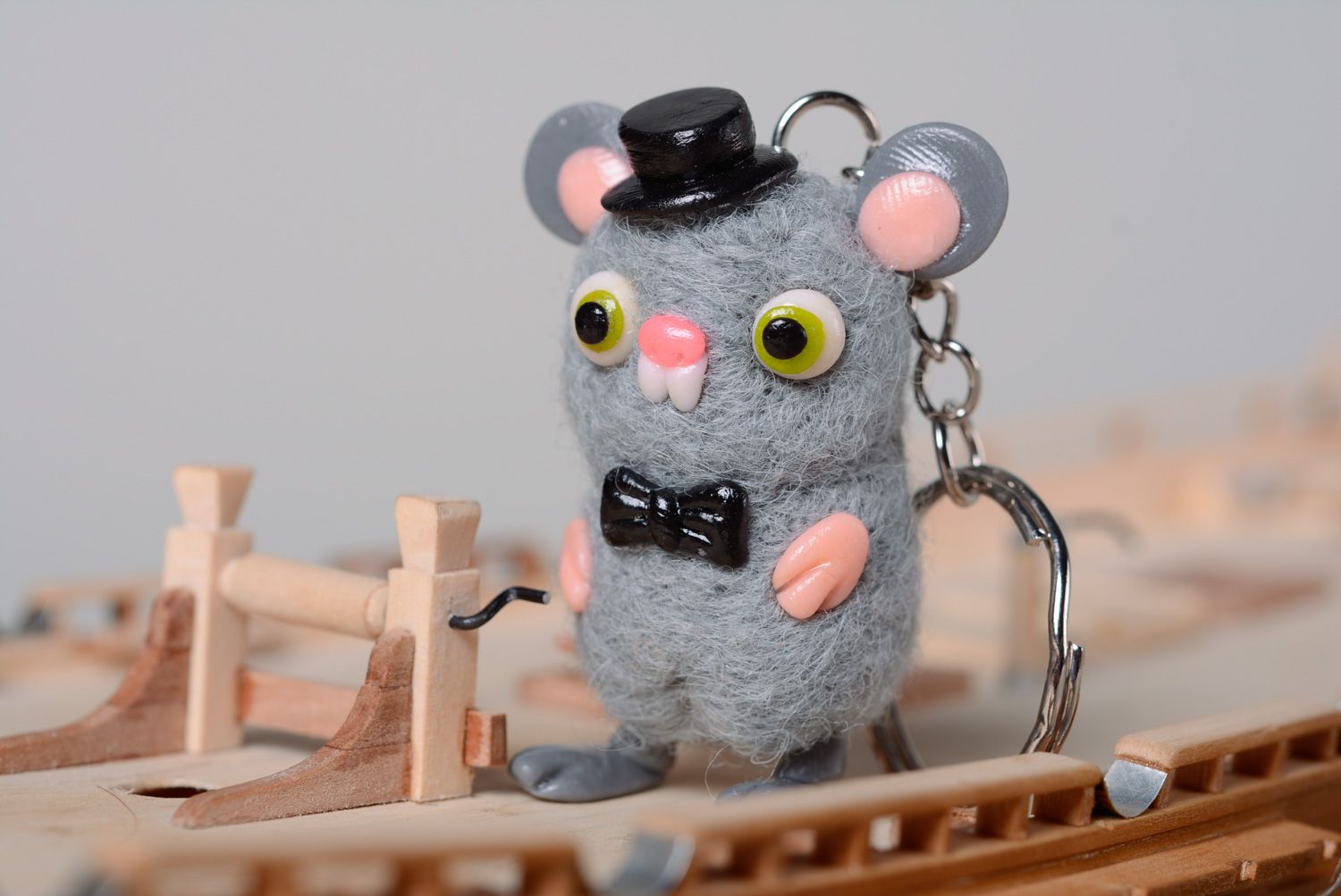 Keychain toy hand made of wool and polymer clay Mouse photo 1
