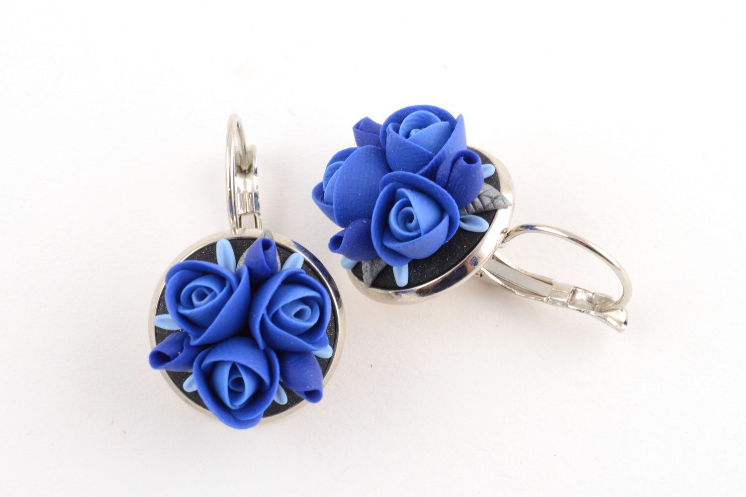 Festive handmade earrings with charms made of polymer clay in shape of roses photo 1