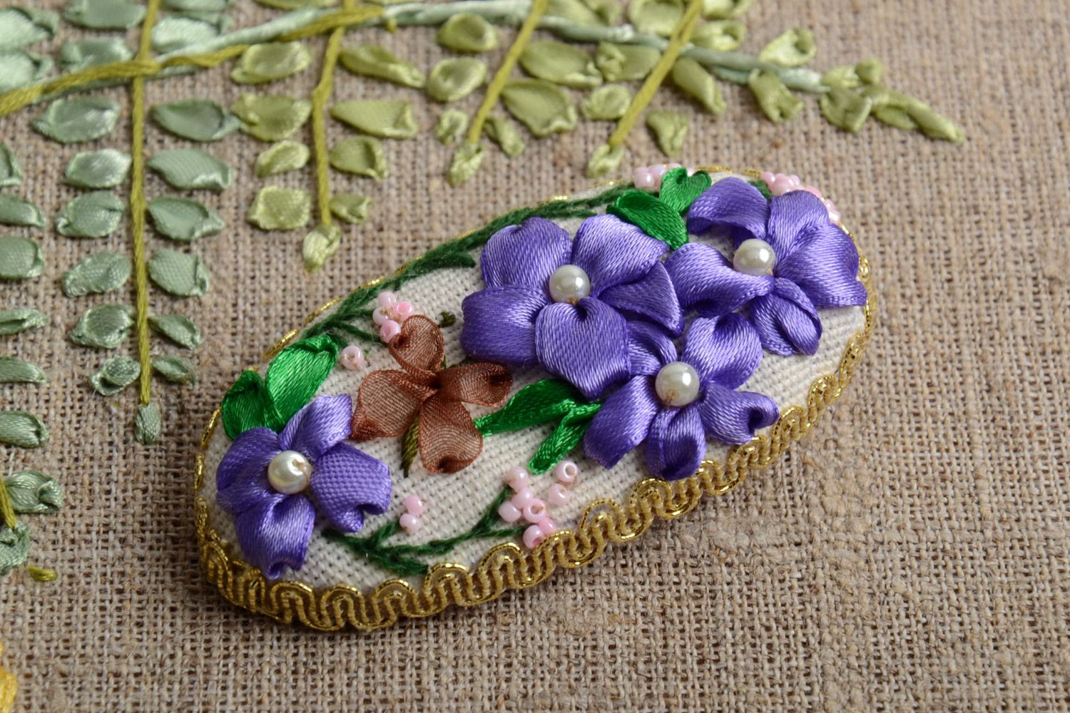 Handmade oval brooch with purple ribbons embroidery gift for girls photo 1