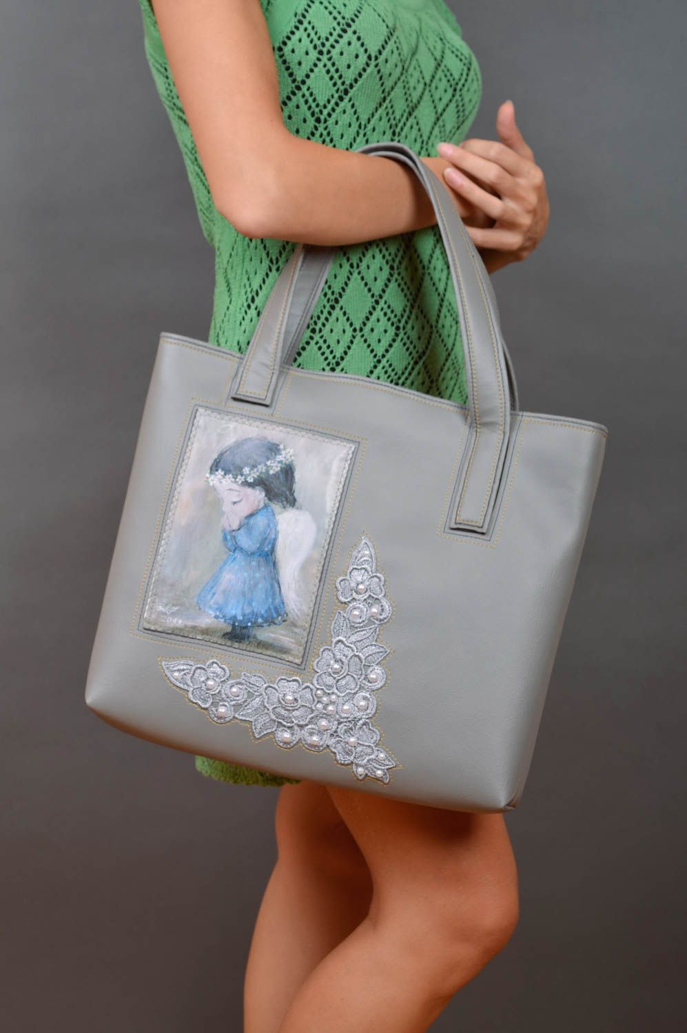 Сумка с рисунком летняя сумка ручной работы сумка из искусственной кожи серая фото 5