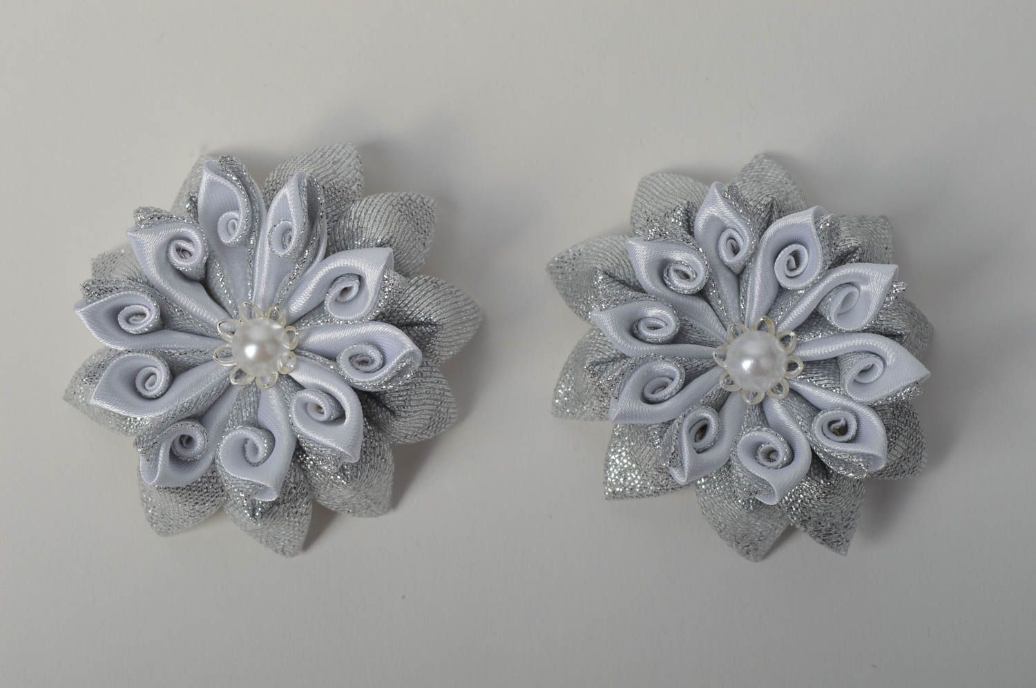 Unusual handmade textile barrette kanzashi flower 2 pieces gifts for her photo 1