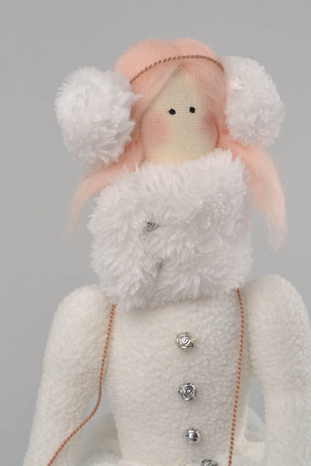 Handmade designer fabric soft doll elegant girl in white coat with muff photo 4