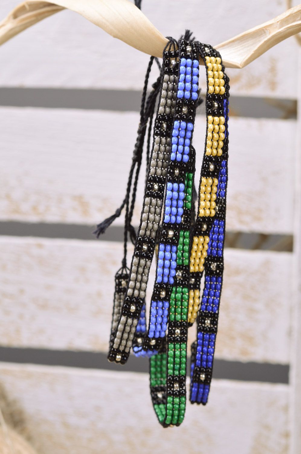 Set of bright handmade men's woven bead wrist bracelets with ties 5 pieces photo 1