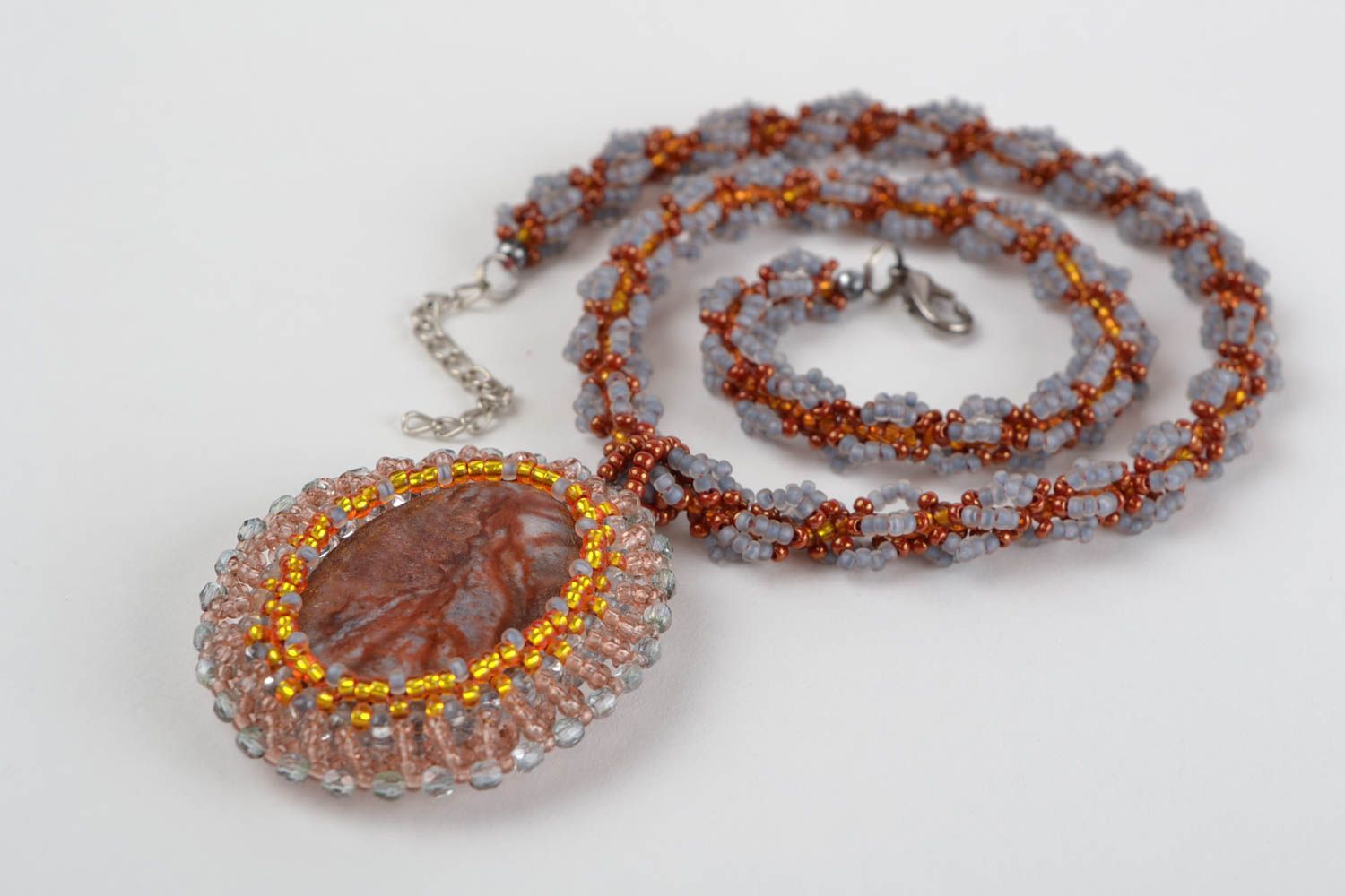 Beaded long designer handmade pendant made of natural stones  photo 4