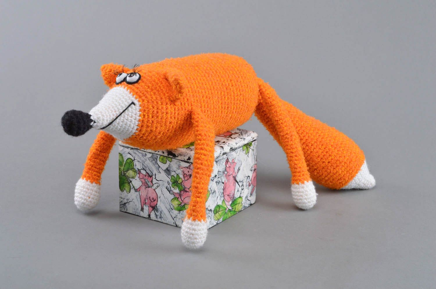 Handmade designer crocheted soft toy bright orange funny fox for children photo 1