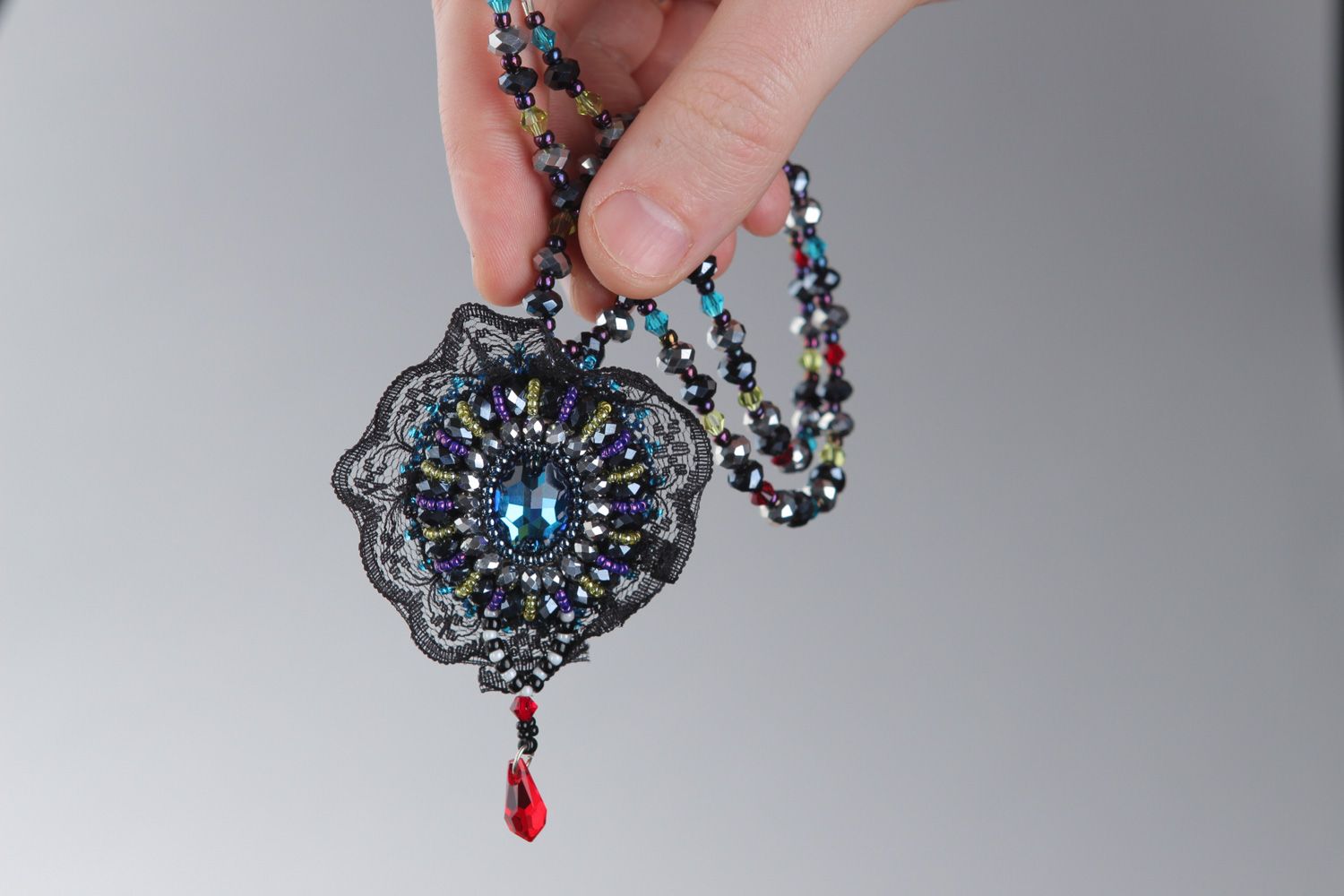 Handmade elegant evening beaded pendant with Austrian crystals and lace for ladies photo 4