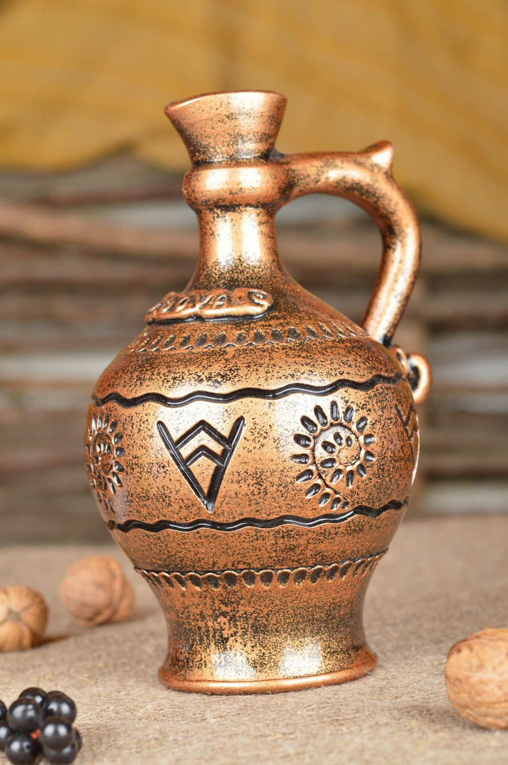 20 oz ceramic handmade golden wine pitcher carafe with handle 1,3 lb photo 1