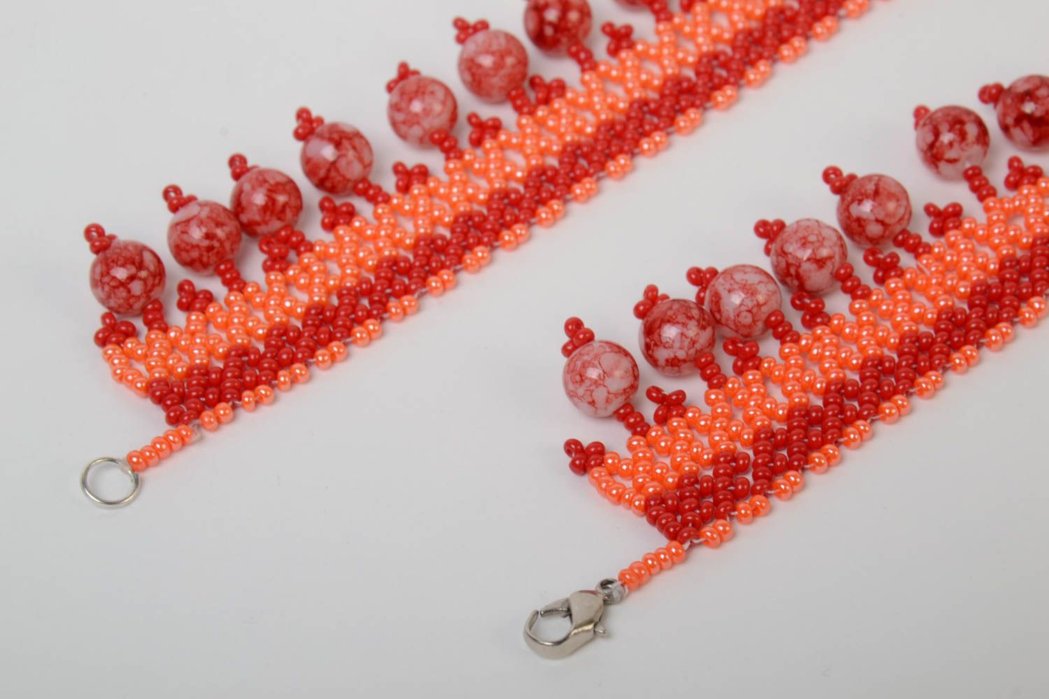 Unusual festive handmade designer red necklace woven of Czech beads photo 3