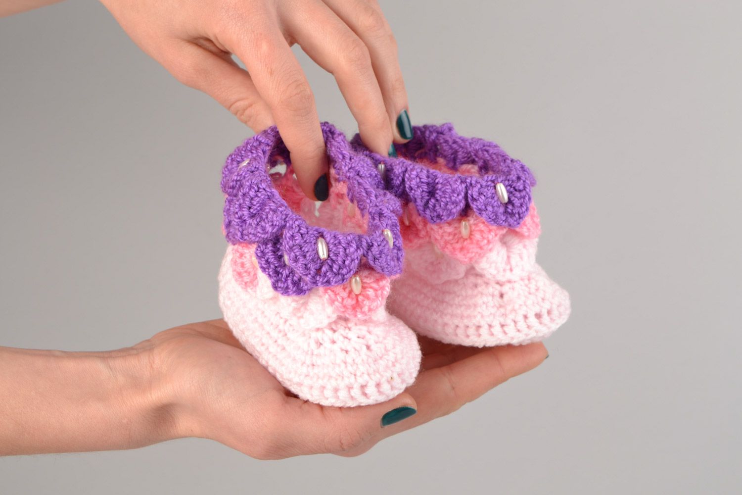 Handmade baby girl festive pink and violet shoes crocheted of acrylic threads photo 2