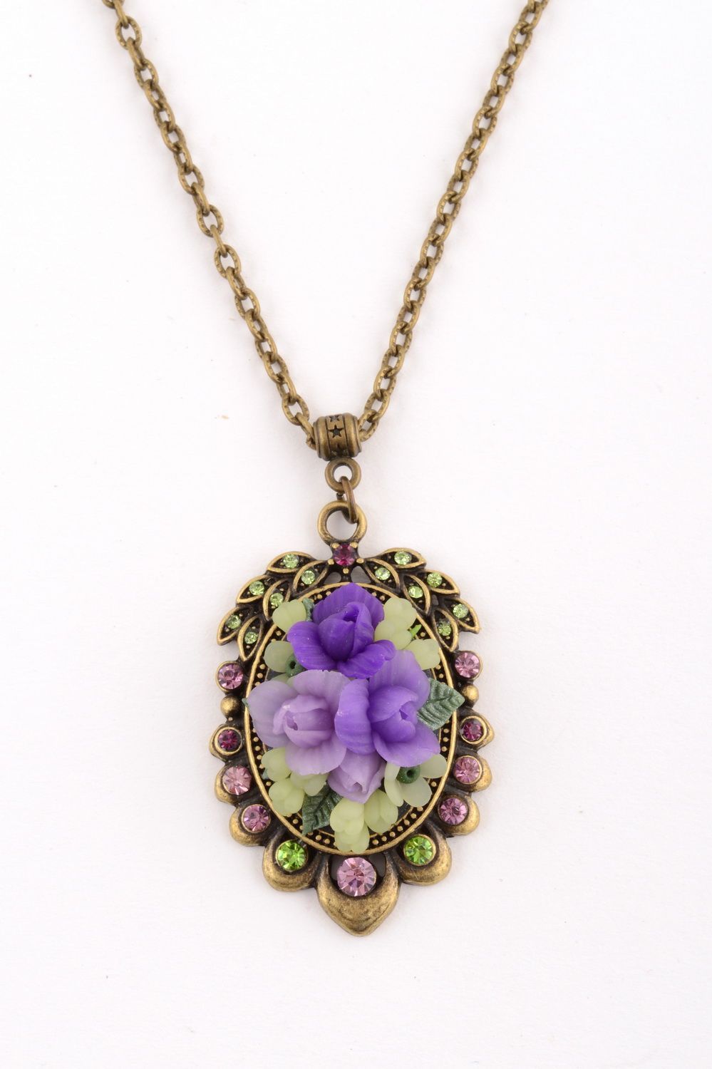 Handmade stylish pendant made of polymer clay on chain with lilac roses photo 5