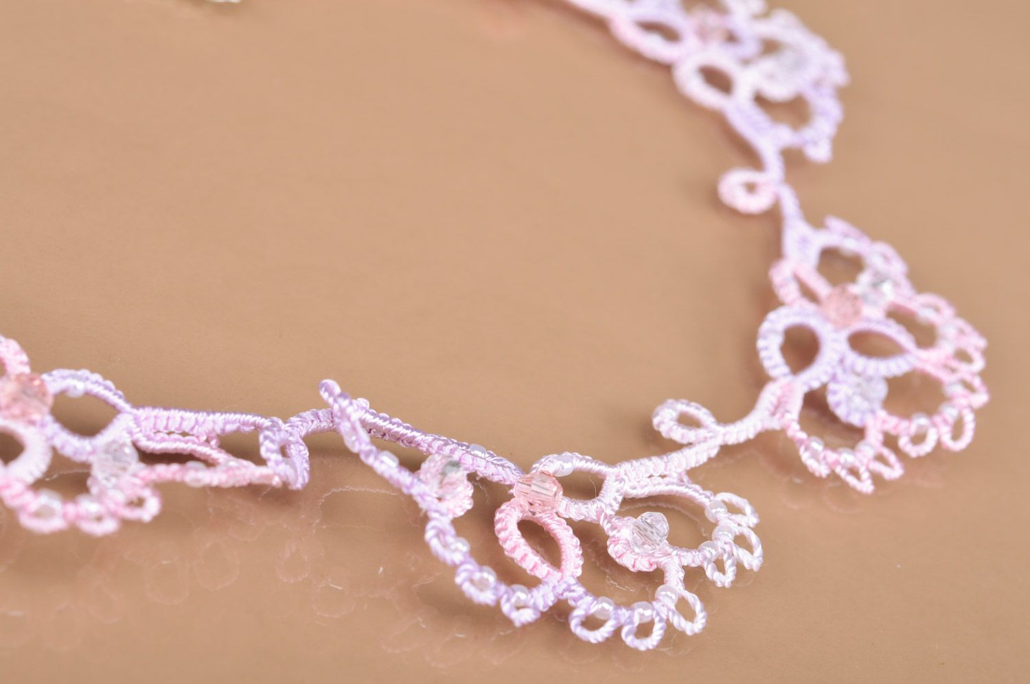 Handmade gentle woven tatting necklace of pastel colors photo 5