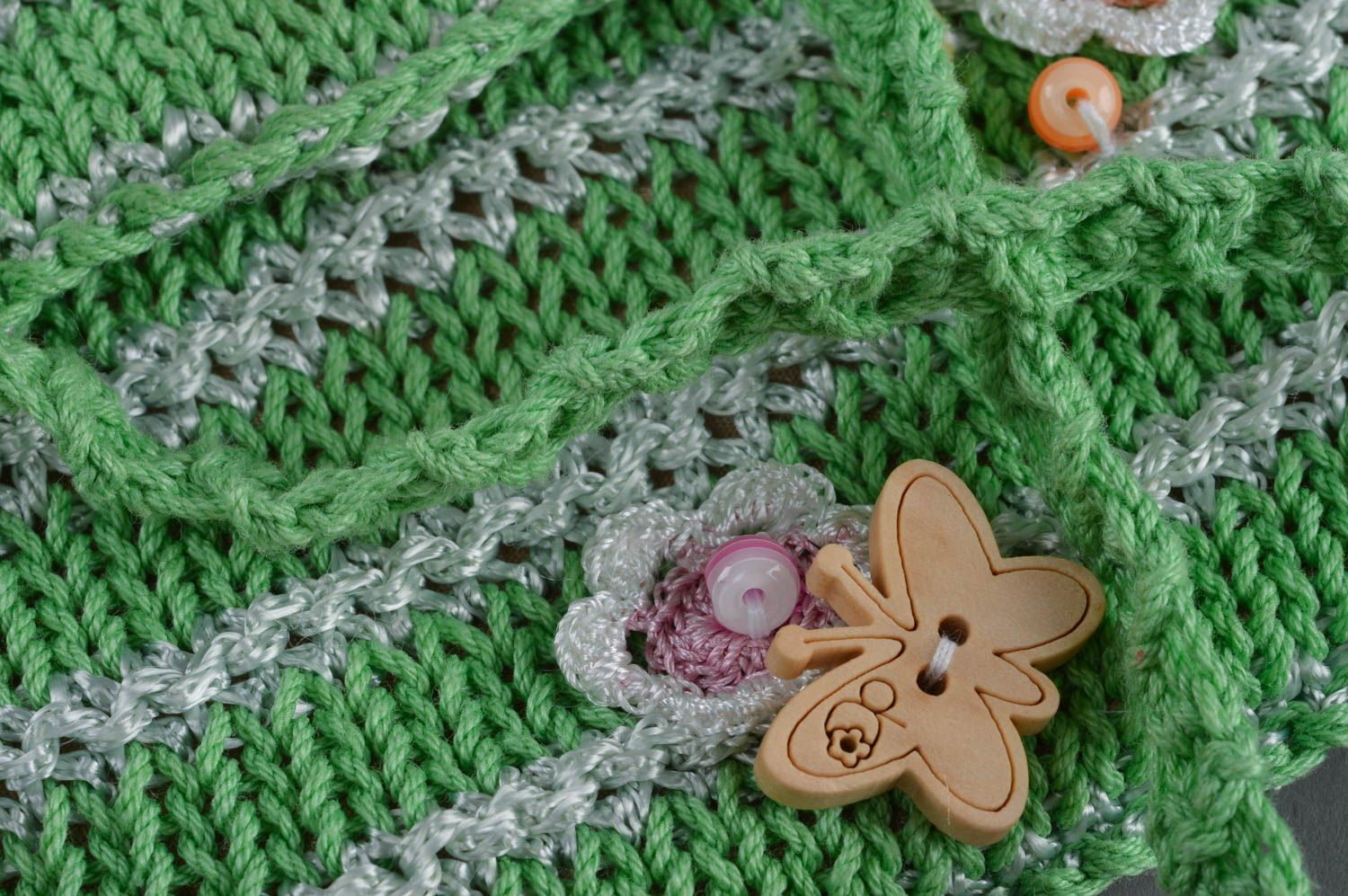 Sac tricoté en coton avec longue poignée fait main vert accessoire pour fille photo 2