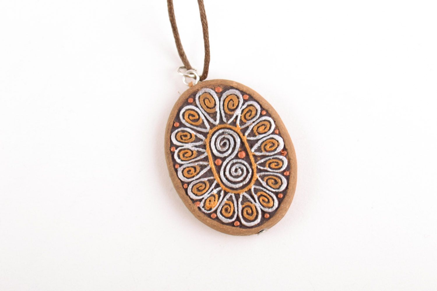 Handmade clay oval pendant with pattern painted with acrylics photo 5