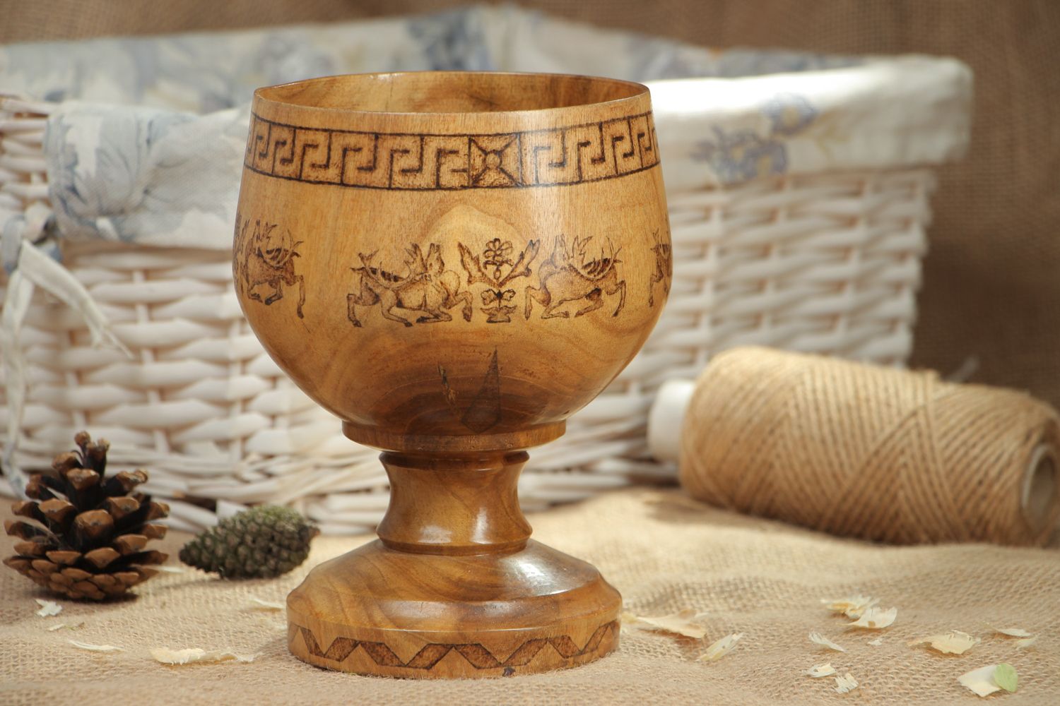 Handmade wooden goblet decorated with pyrography photo 5