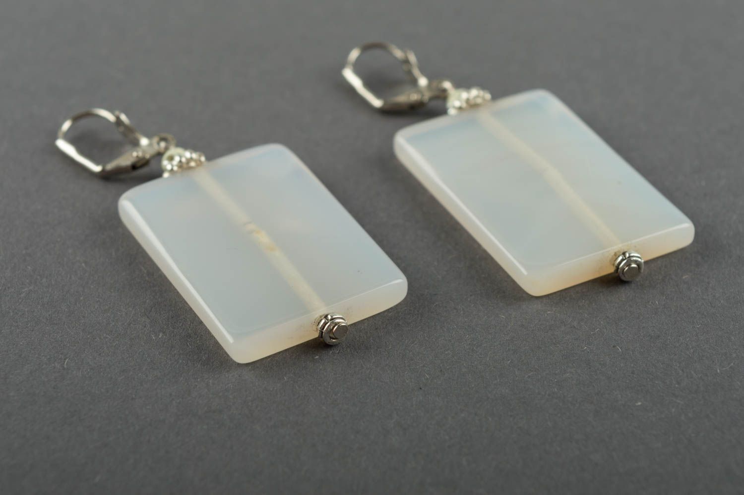 Unusual large handmade rectangular earrings with white agate natural stones photo 3