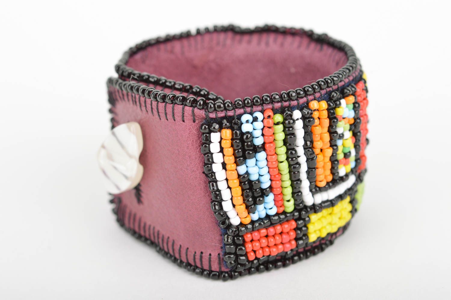 Beautiful women's handmade wide beaded bracelet on leather basis photo 5