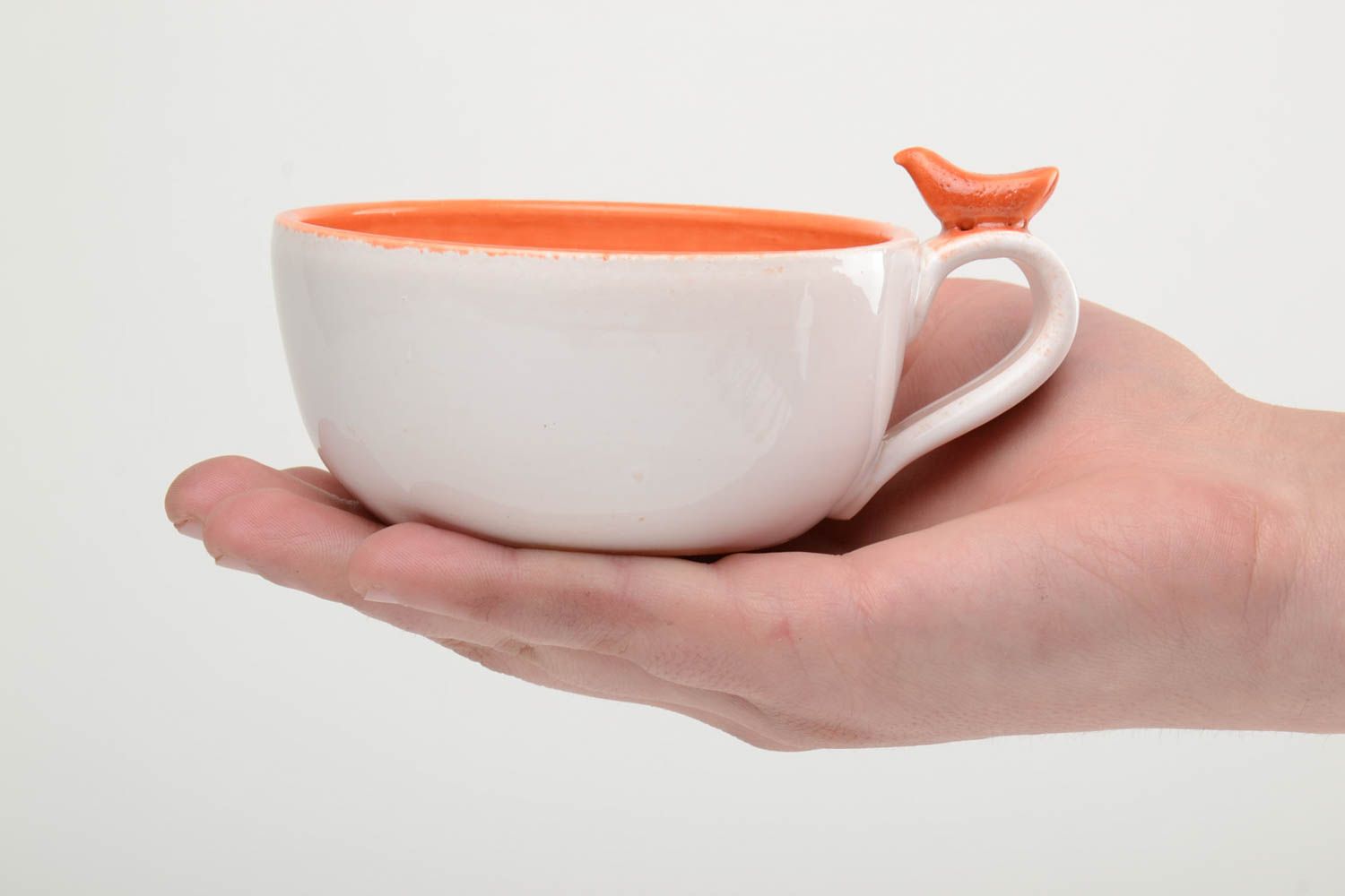 Handgemachte glasierte Tasse aus Ton mit Vogel weiß orange 200 ml foto 5