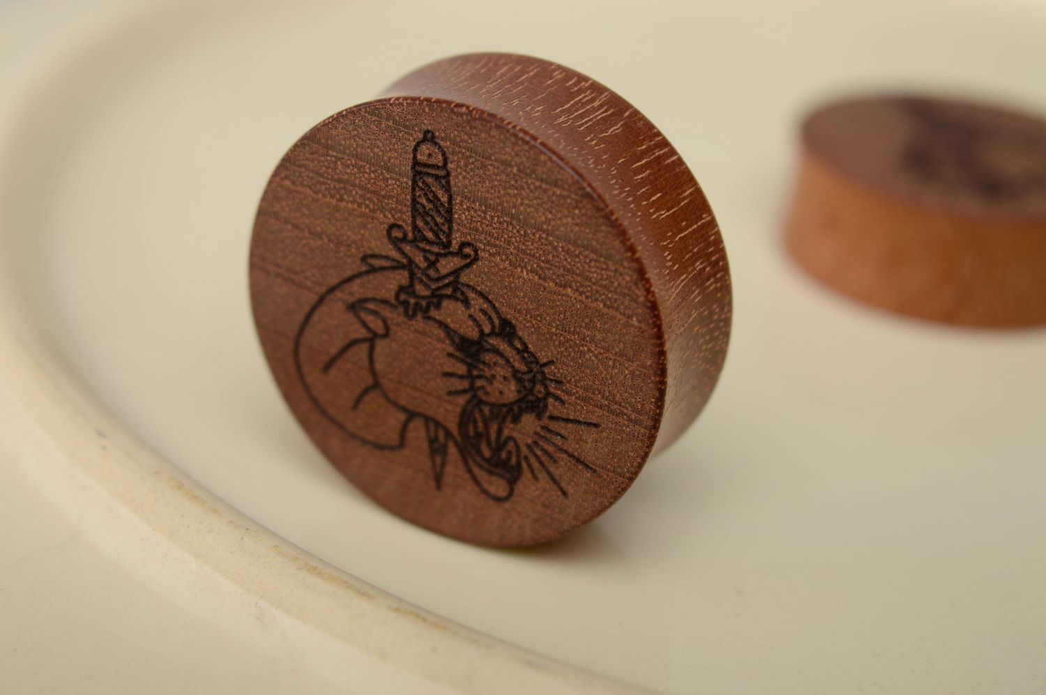 Handmade wooden ear plugs with engraving photo 2