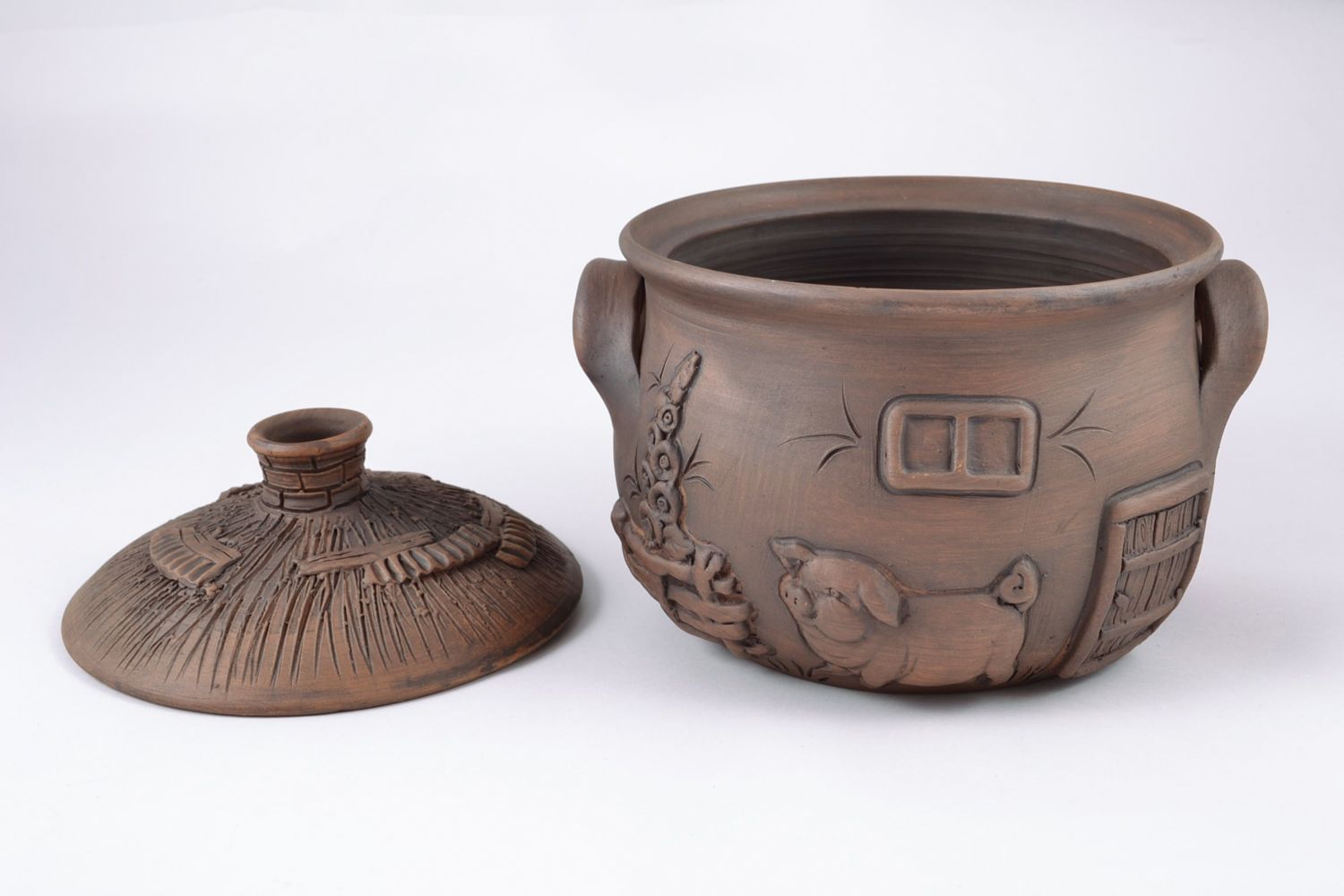 Petit pot en terre cuite avec couvercle marron décoré fait main 2 l pour cuisine photo 4
