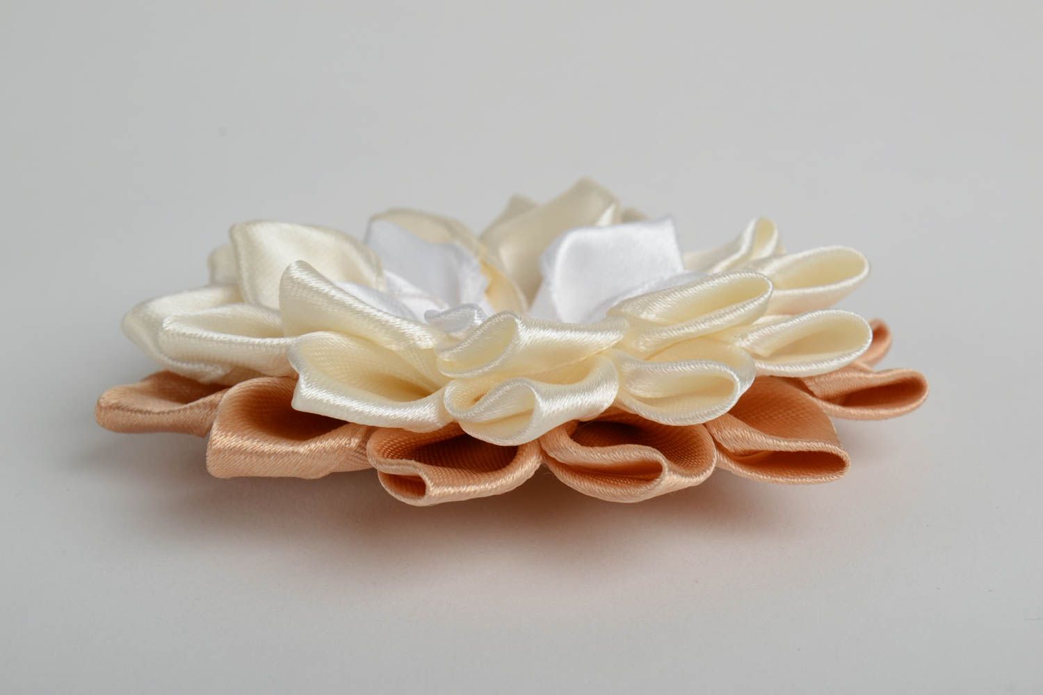 Cream colored handmade designer satin ribbon flower craft blank DIY hair clip photo 2